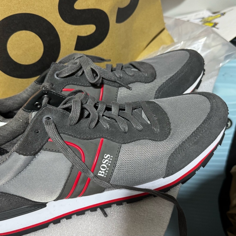 BOSS Gray Sneaker with Red Stripes and White Heel